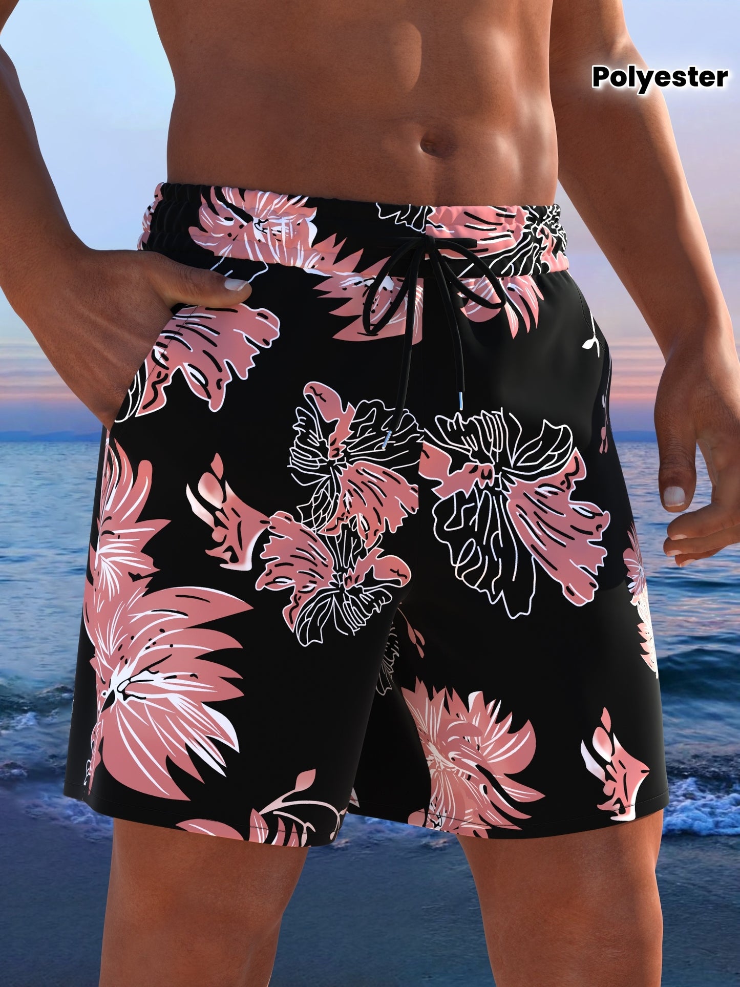 Short de plage pour homme à imprimé tropical avec cordon de serrage ajustable