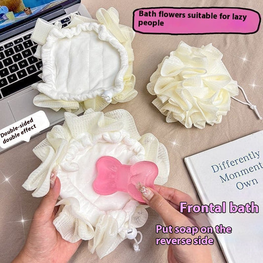 Lot de 4 éponges de bain 2 en 1 à motifs floraux beige clair, côté exfoliant doux et distributeur de savon intégré