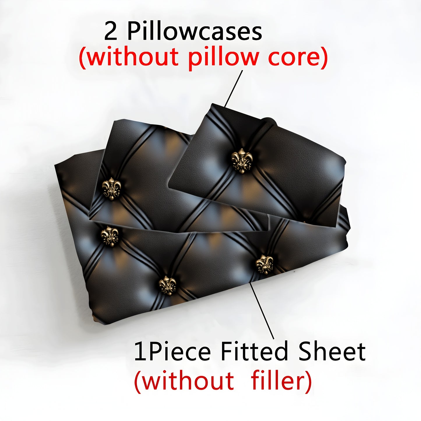 Ensemble de drap-housse capitonné 3 pièces, motif cuir noir avec boutons dorés