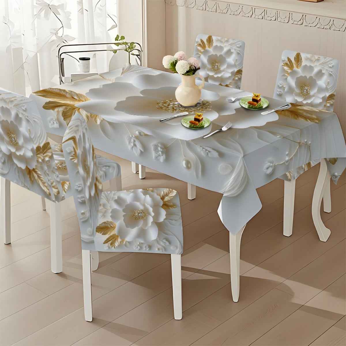 5pcs/7pcs white Golden flower pearl decoration tablecloth and chair cover set, 5pcs include 1 tablecloth and 4 chair covers, 7pcs include 1 tablecloth and 6 chair covers. Washable rectangular tablecloth and chair covers, suit