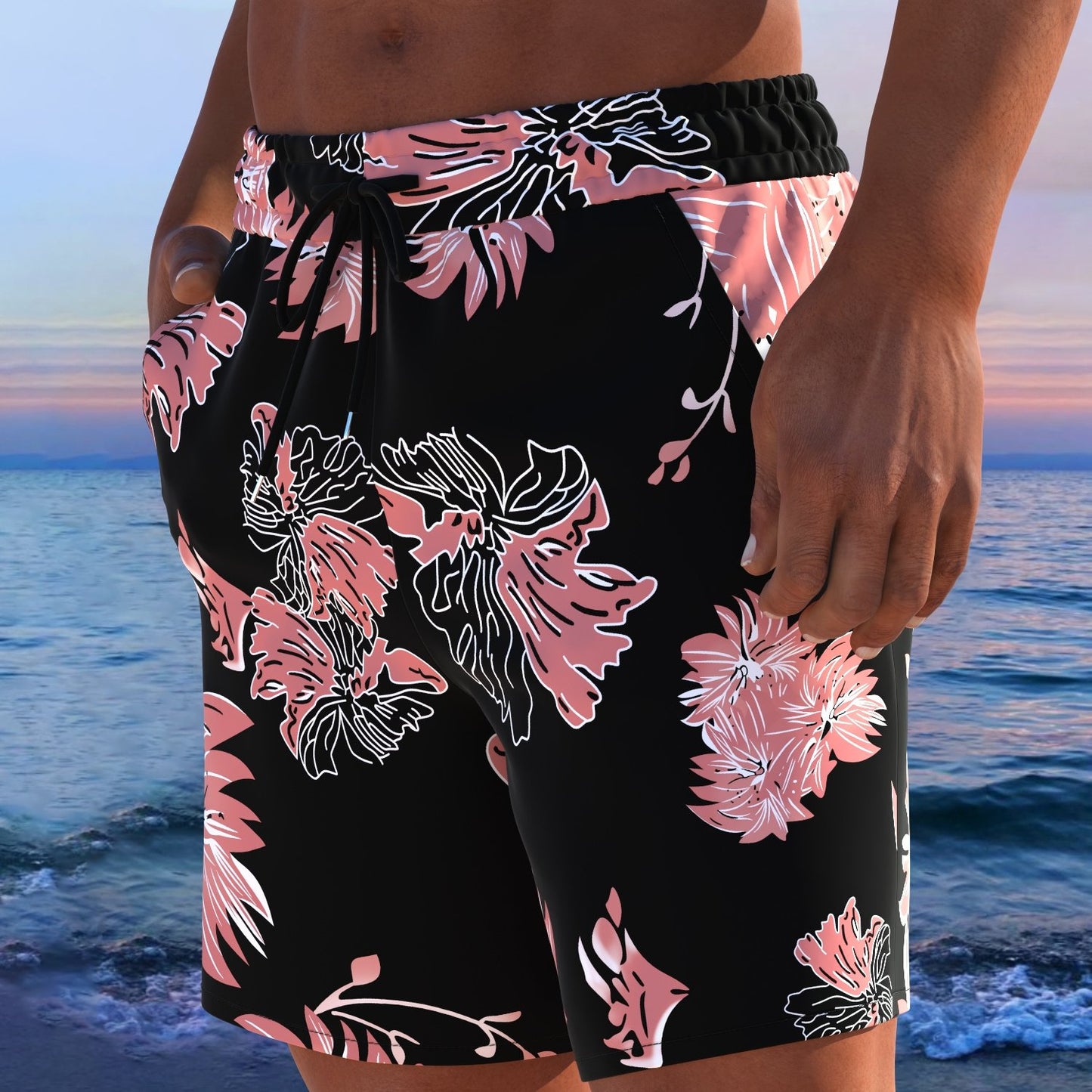 Short de plage pour homme à imprimé tropical avec cordon de serrage ajustable