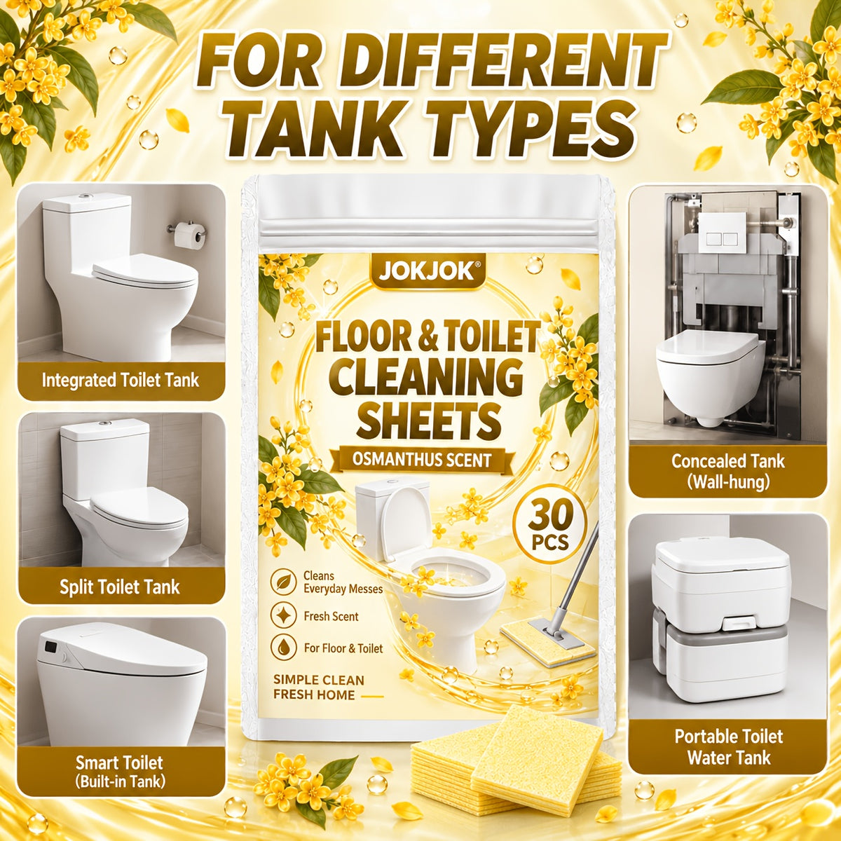 JOKJOK Feuilles de Nettoyage Premium pour Sol et Toilettes 30 pièces, Pastilles de Nettoyage Effaçables Parfumées à l'Osmanthus, Une Feuille par Seau d'Eau, Éliminent les Taches et les Odeurs, Feuilles de Nettoyage Multi-Surfaces pour Carrelage, Parquet, Salle de Bain