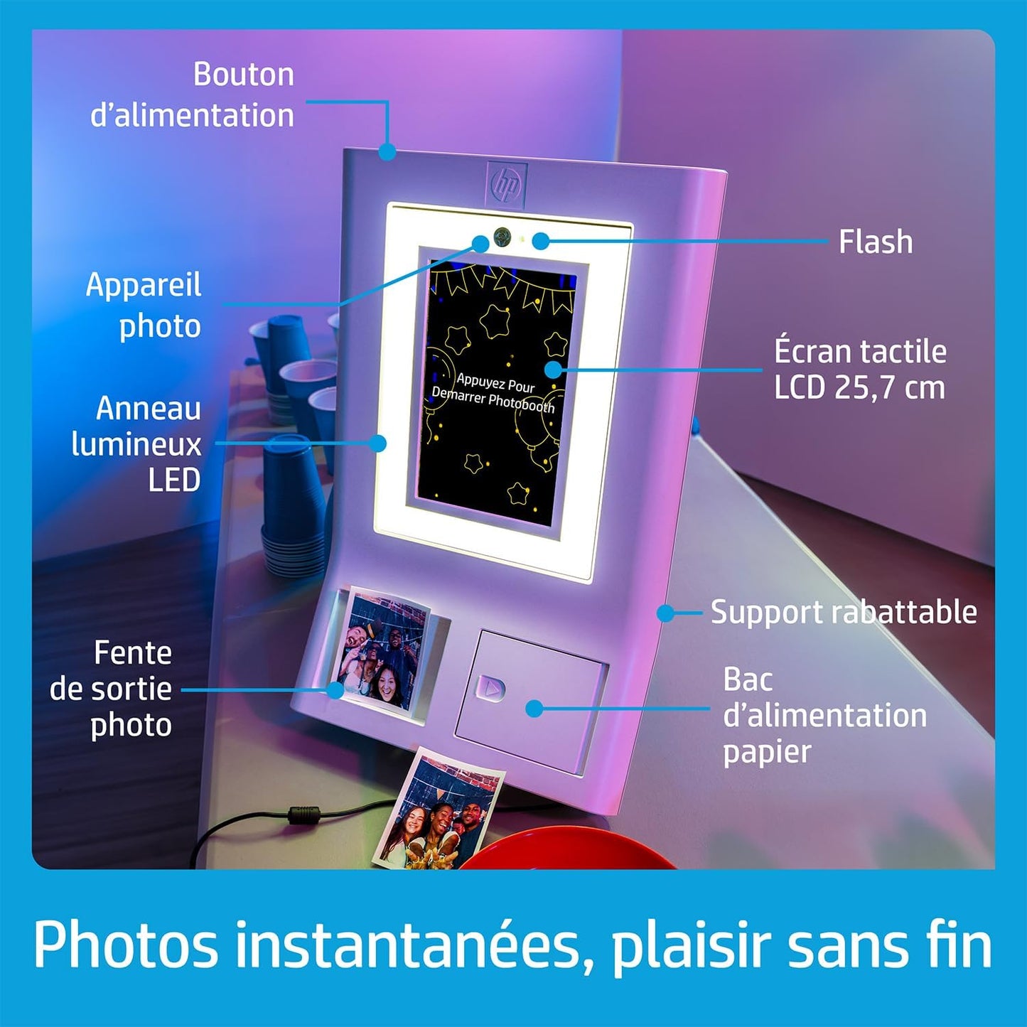 HP Sprocket Photobooth Imprimante instantanée 3x4” (Blanc) – 250+ Cadres, Impression sur Papier Zink, Wi-FI, Anneau LED, écran Tactile & appli.