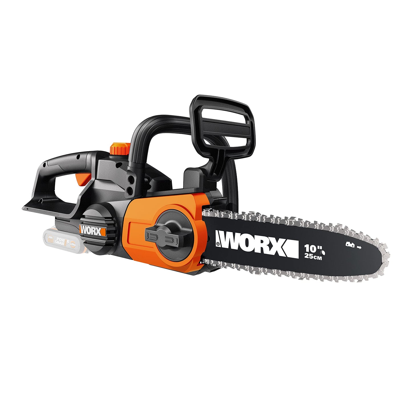 WORX Élagueuse, Tronçonneuse à Chaîne sans Fil 20V WG329E.9, Guide de 15 cm, Tension et Lubrification Automatiques, Assure des Coupes en toute Sécurité au Sol, Livrée sans batterie ni chargeur