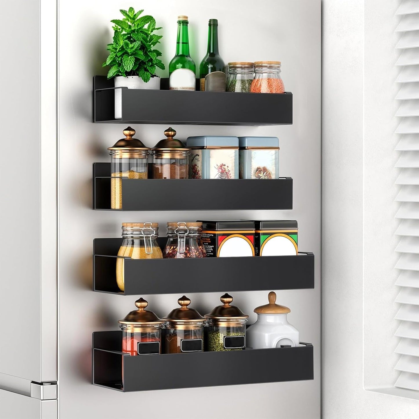 Étagère Réfrigérateur Magnétique, Lot de 4 Étagère à Épices, Sans Perçage, Organisateur à Épices pour Cuisine, Compatible Micro-Ondes, Noir