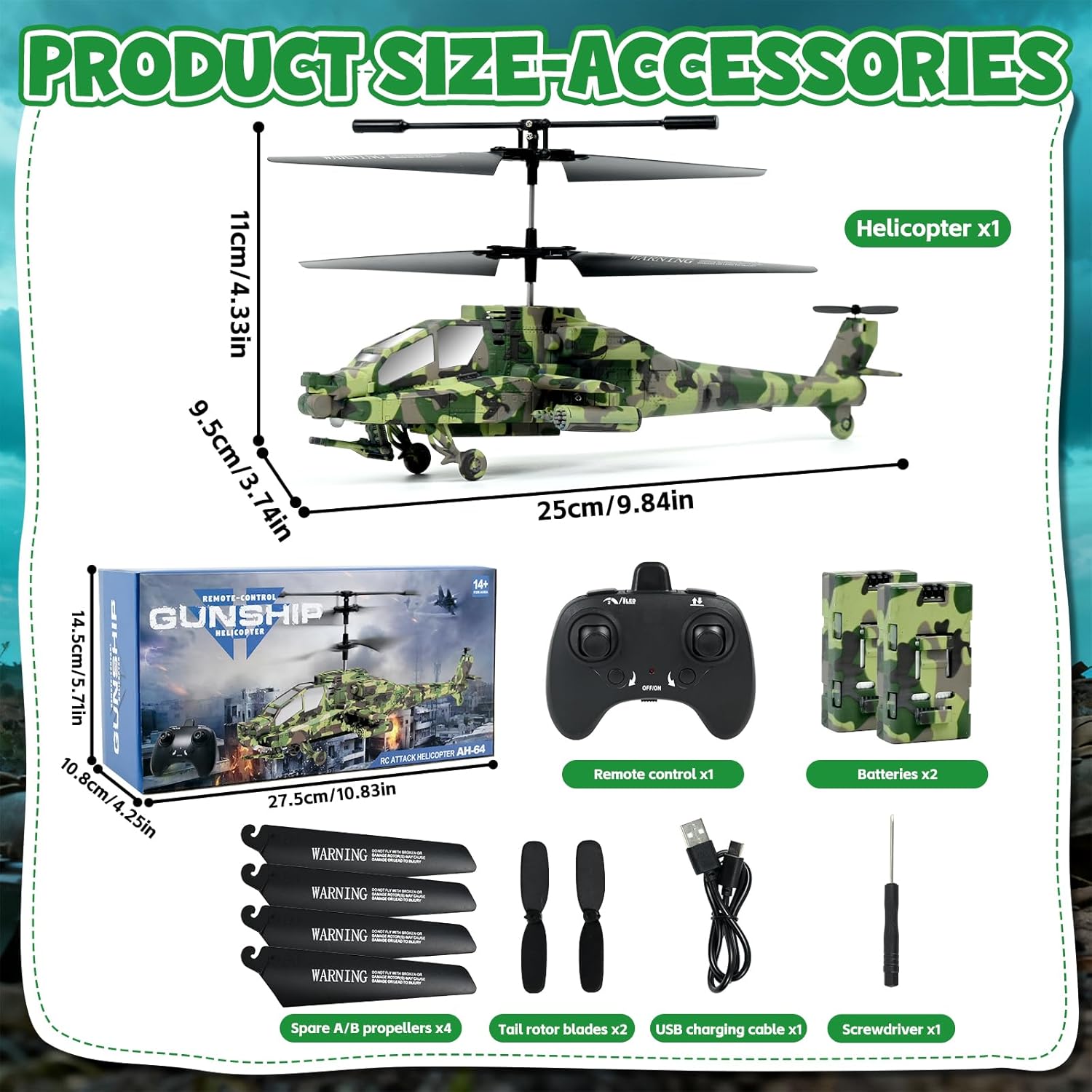 Hélicoptère Télécommandé Enfant, 2,4 GHz Hélicoptère RC Militaire, Avion RC avec 2 Piles et Lumière LED avec Fonction de Décollage à Une Touche, Jouet en intérieur Enfants (Vert Militaire)