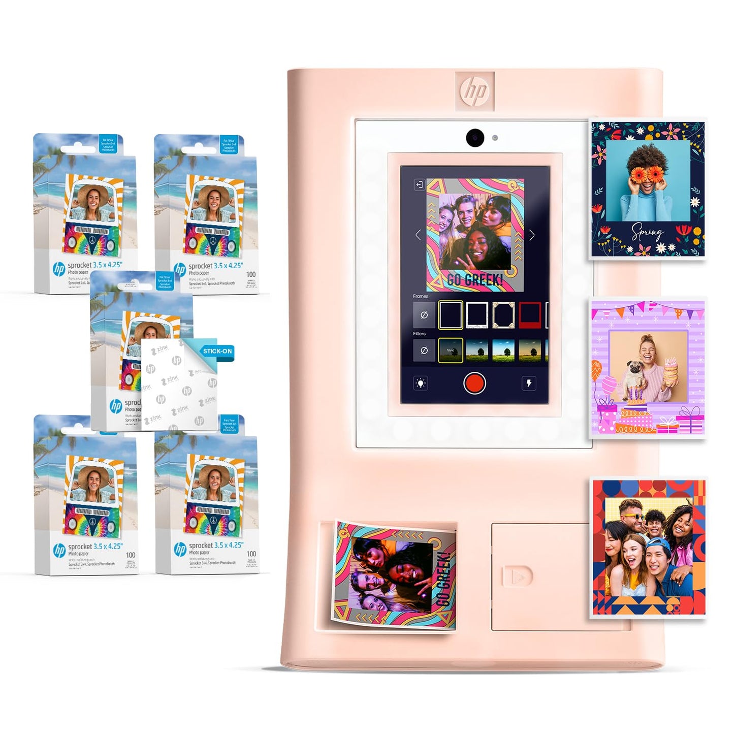 HP Sprocket Photobooth Imprimante instantanée 3x4” (Blanc) – 250+ Cadres, Impression sur Papier Zink, Wi-FI, Anneau LED, écran Tactile & appli.