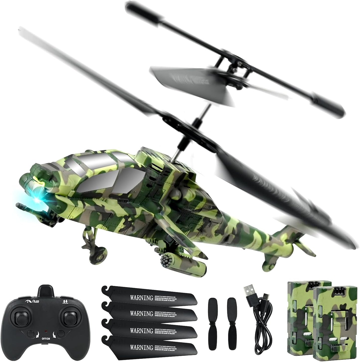 Hélicoptère Télécommandé Enfant, 2,4 GHz Hélicoptère RC Militaire, Avion RC avec 2 Piles et Lumière LED avec Fonction de Décollage à Une Touche, Jouet en intérieur Enfants (Vert Militaire)