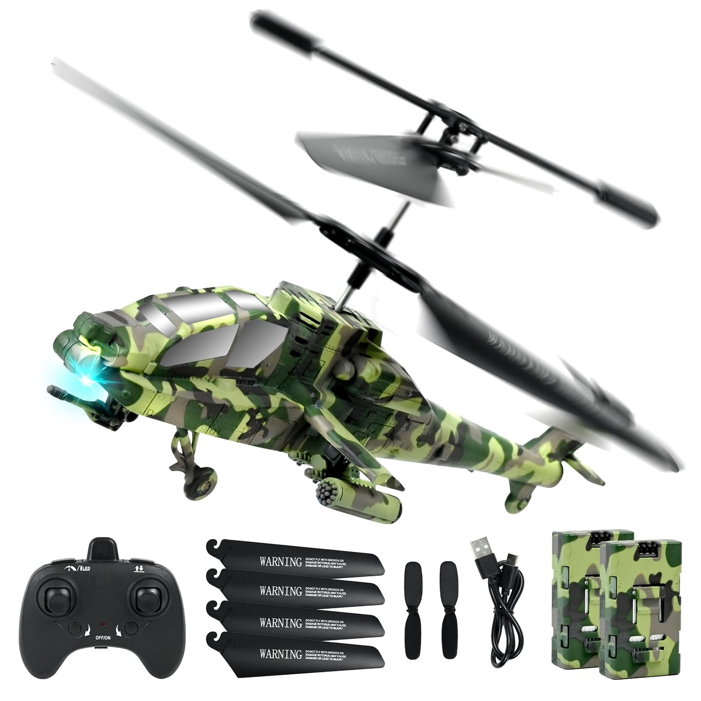 Hélicoptère Télécommandé Enfant, 2,4 GHz Hélicoptère RC Militaire, Avion RC avec 2 Piles et Lumière LED avec Fonction de Décollage à Une Touche, Jouet en intérieur Enfants (Vert Militaire)