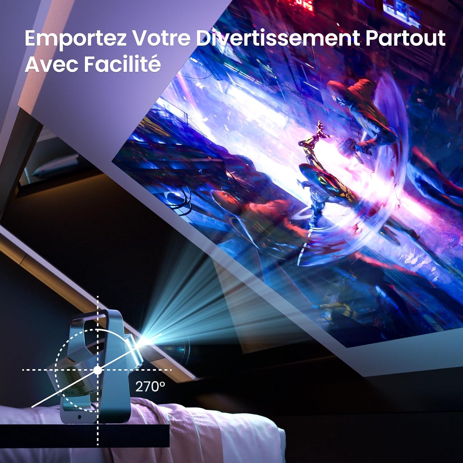 [App Intégrée] Eeenfy Venus V1[2.0] Vidéoprojecteur Portable, Projecteur Android avec 350ANSI, 270° Rotation, E-Focus/Keystone, Rétroprojecteur, Videoprojecteur WiFi Bluetooth pour Home Cinéma, Blanc