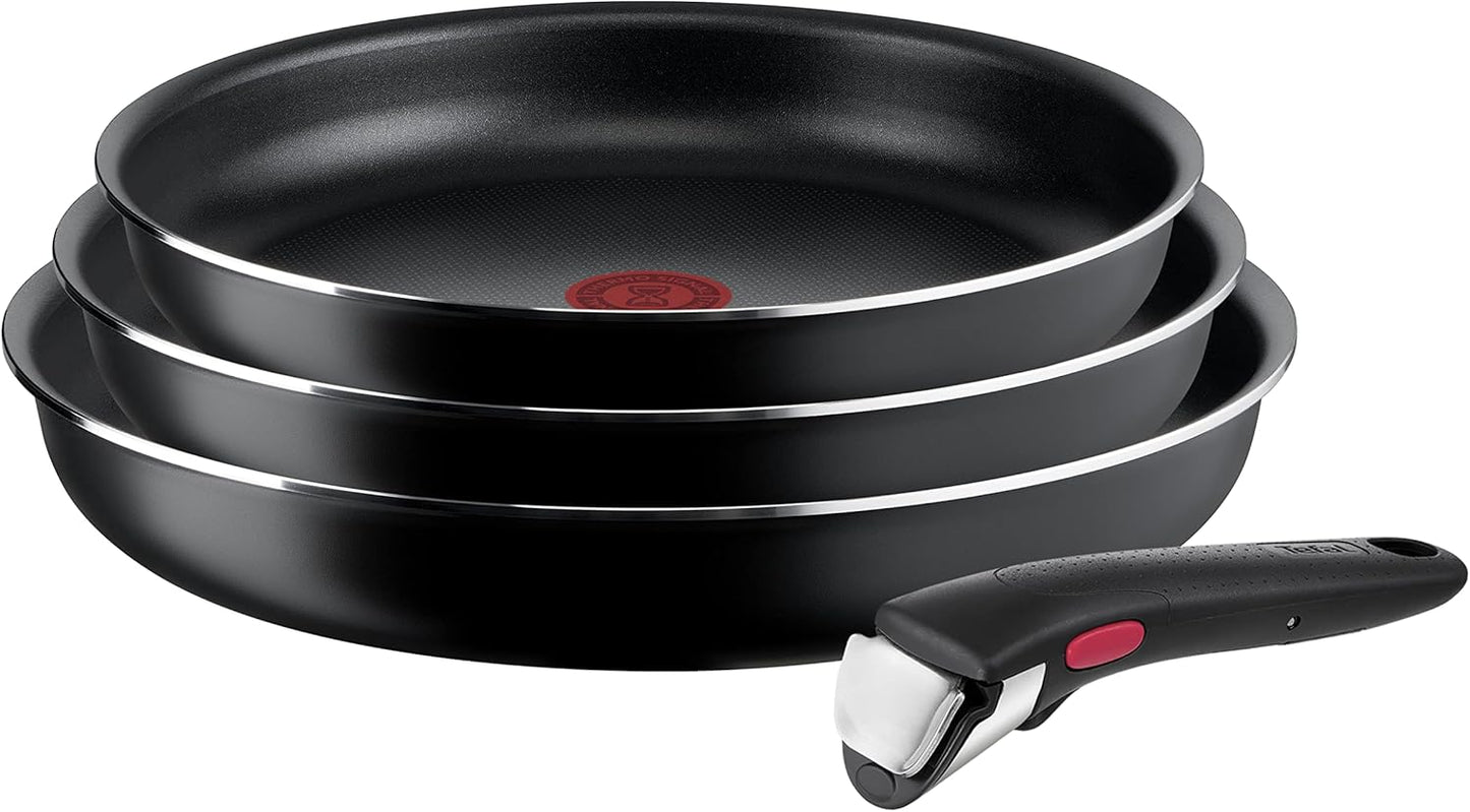 Tefal Ingenio Easy On Lot de 3 poêles de 22/24/26 cm, antiadhésifs, revêtement titane, thermosignal, poignée amovible, passe au lave-vaisselle et au four, ne convient pas à induction.