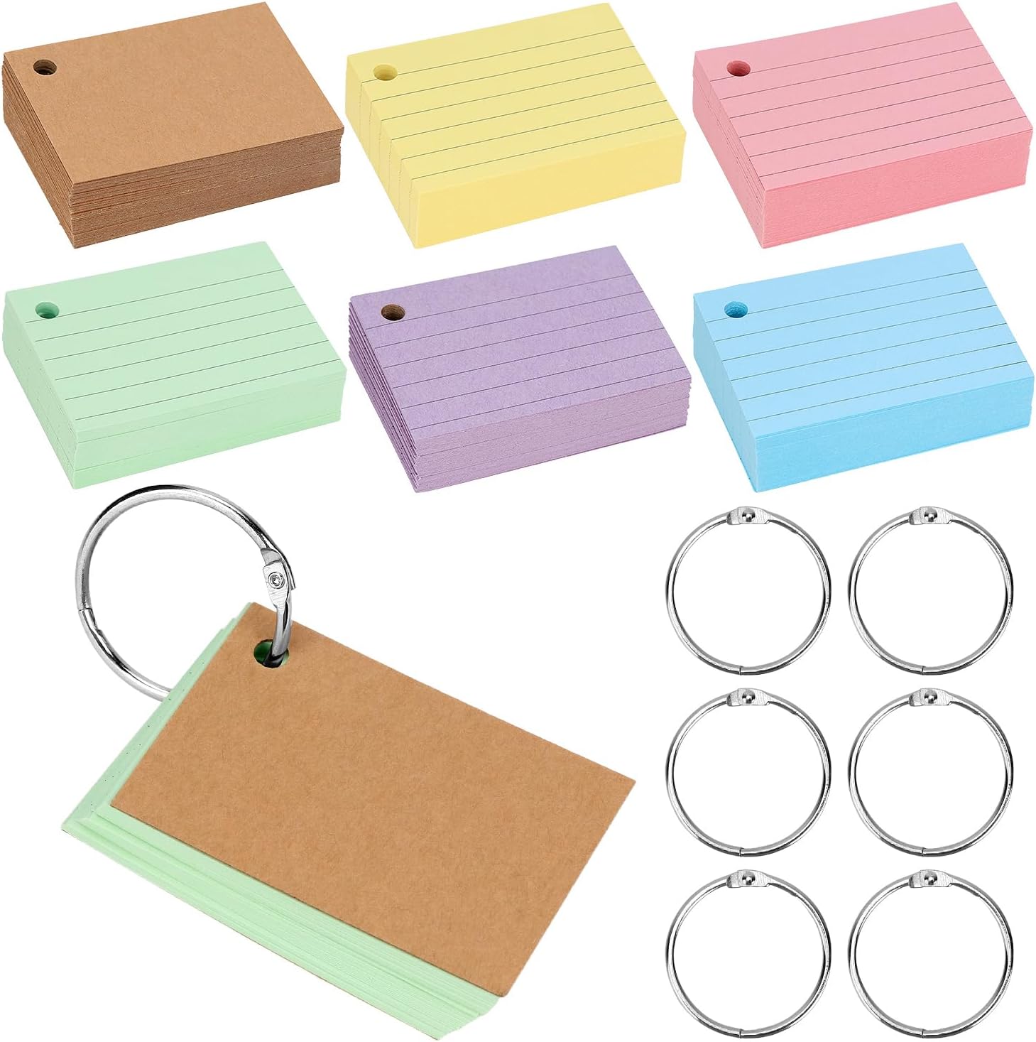QWORK® 500 Pièces feuille bristol A8, flash card avec anneaux de liaison, 75x45mm cartes de vocabulaire, cartes d'apprentissage
