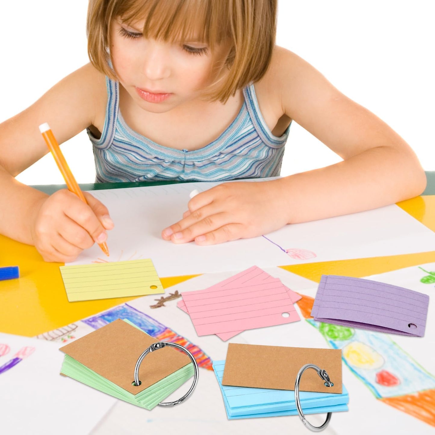 QWORK® 500 Pièces feuille bristol A8, flash card avec anneaux de liaison, 75x45mm cartes de vocabulaire, cartes d'apprentissage