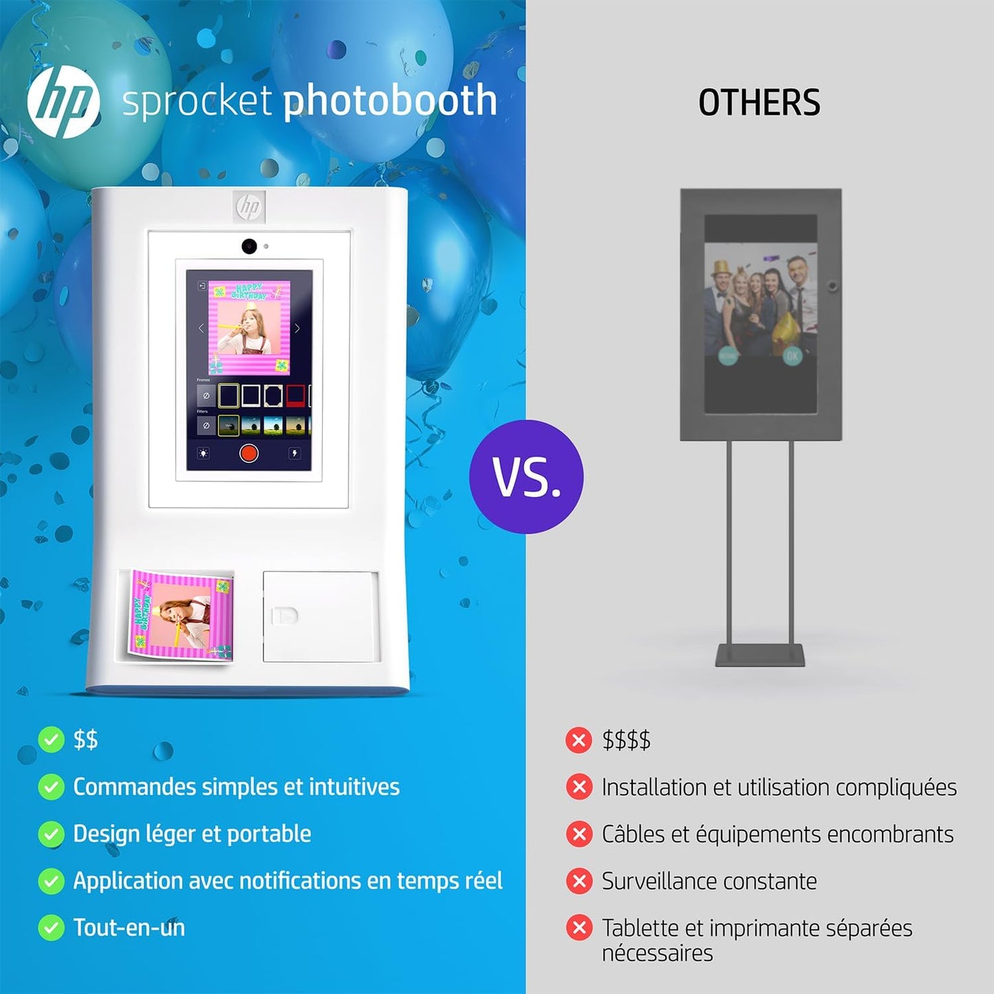 HP Sprocket Photobooth Imprimante instantanée 3x4” (Blanc) – 250+ Cadres, Impression sur Papier Zink, Wi-FI, Anneau LED, écran Tactile & appli.