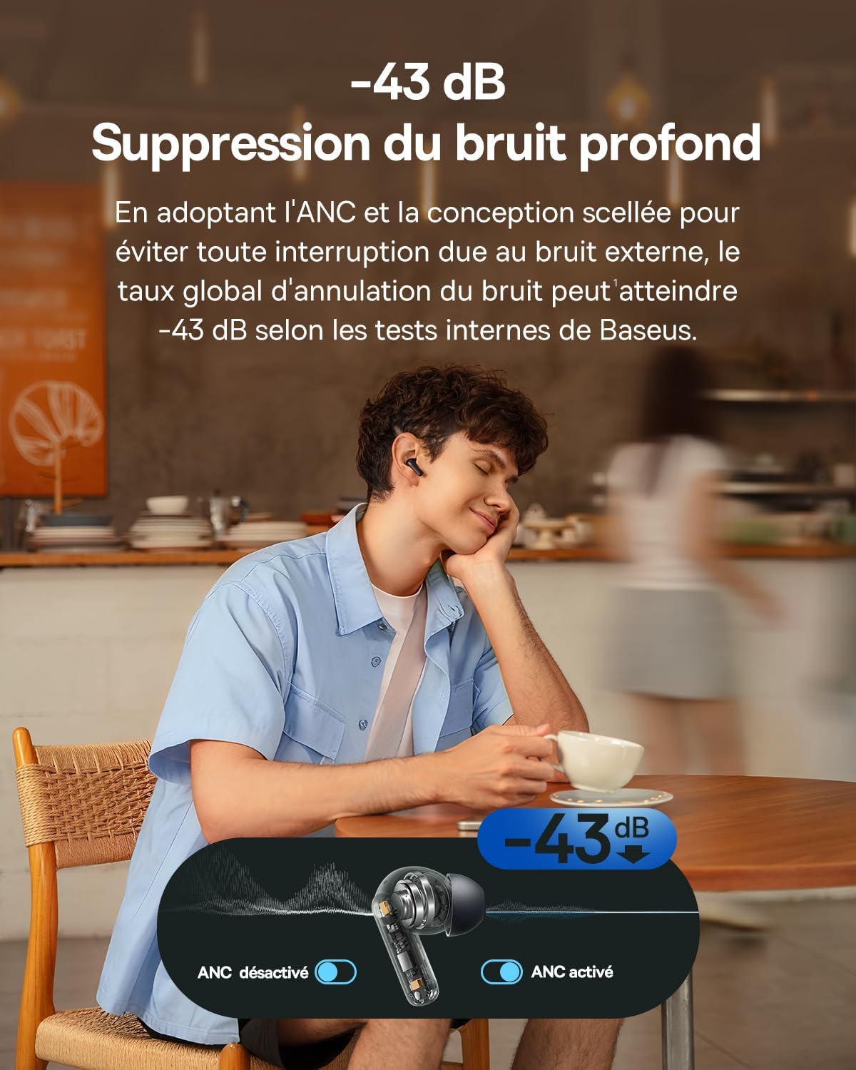 Baseus EP10 NC Écouteurs Bluetooth sans Fil, Ecouteurs sans Fil avec Réduction de Bruit Actif à -43dB, 24 Modes EQ, Conducteurs 12mm, SuperBass, 4-Mic AI pour Appels Clairs, IP55, 41H, Bluetooth 6.0