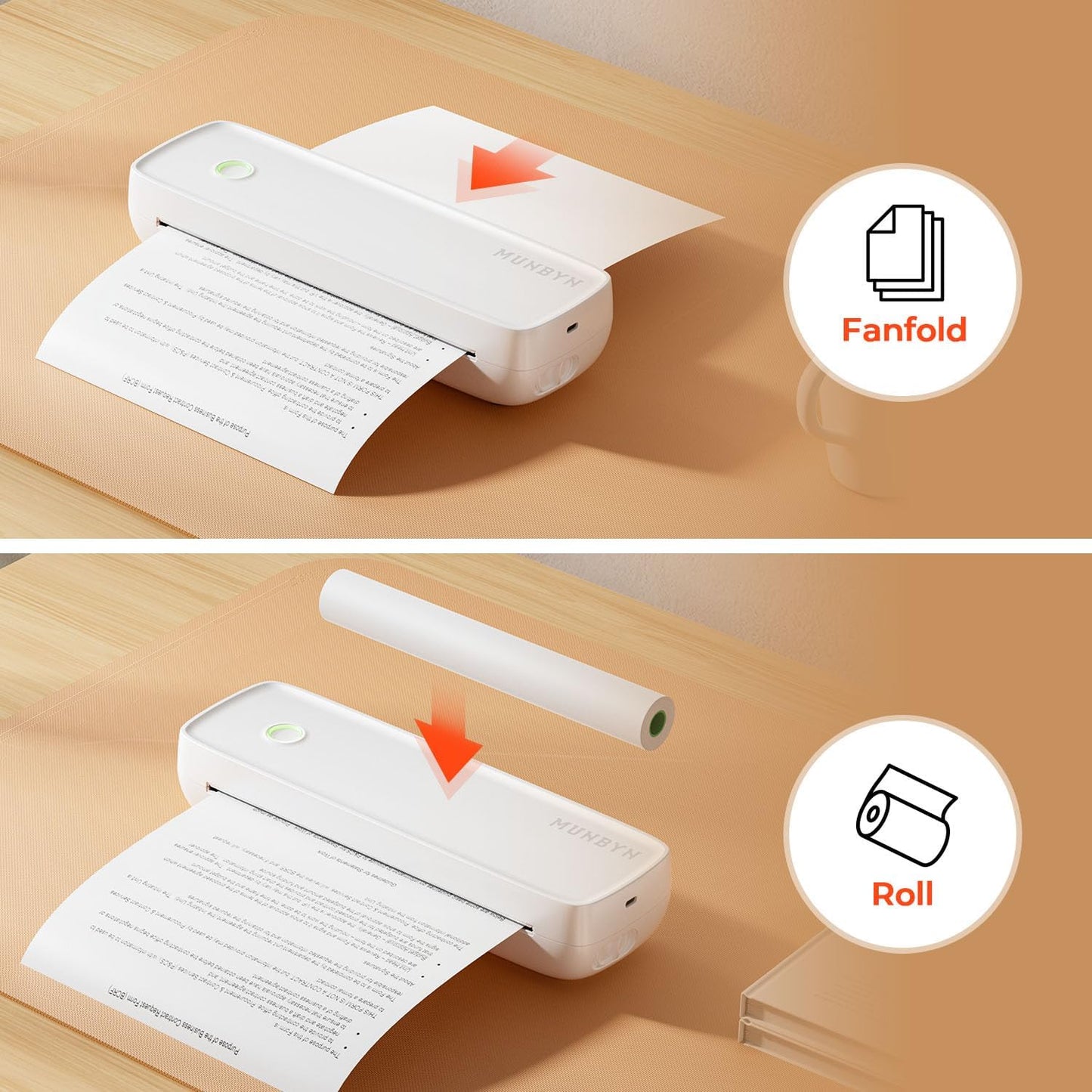 MUNBYN ITP04 Imprimante Thermique A4, Imprimante Portable sans Encre pour Le Voyage, Bluetooth Compatible avec Les Téléphones et Ordinateurs Portables Android et iOS, Blanc