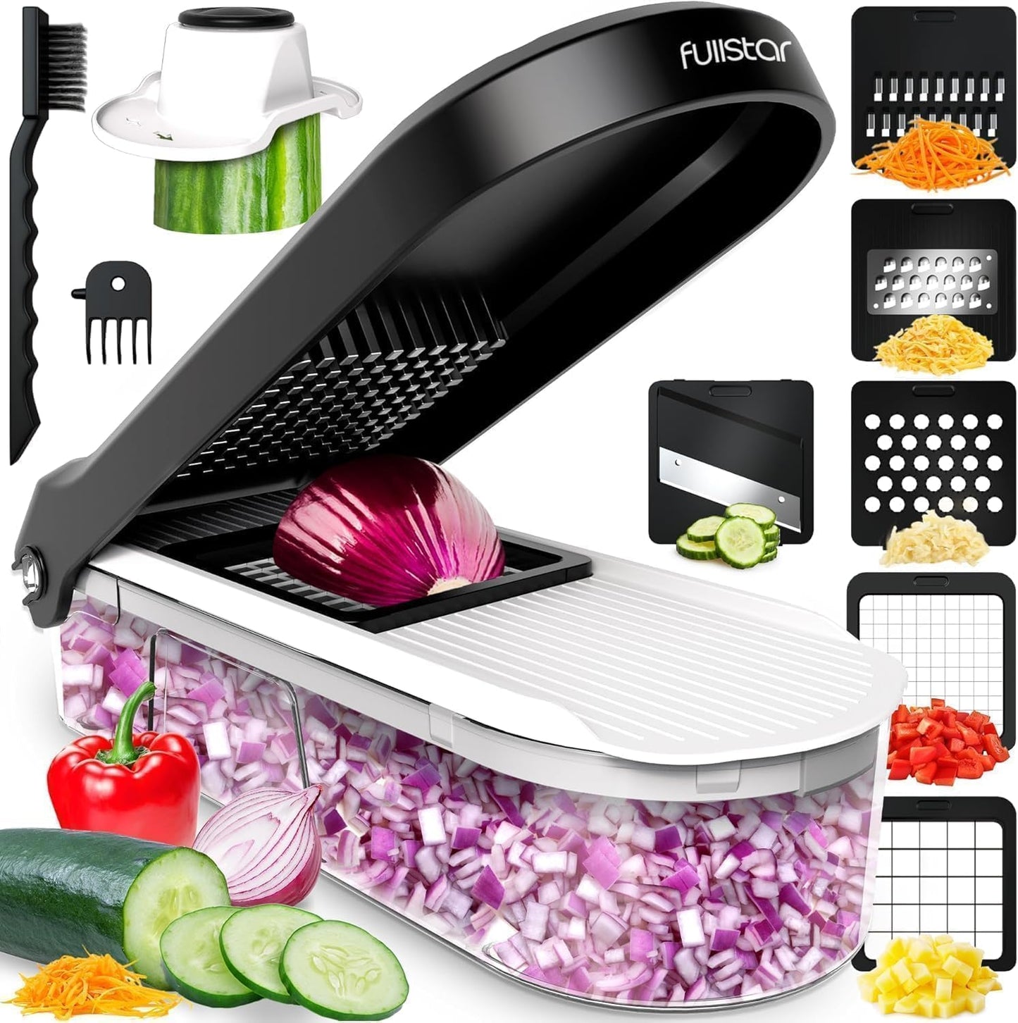 Fullstar Coupe Legumes Multifonction et Spiraliseur - Découpe en Cube - Hachoir Manuel pour Oignons Carottes Concombres Tomates Frites Pommes de Terre Fruits - Cuisine Accessoires (4-en-1 Blanc)