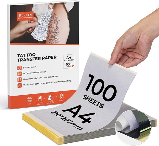 MUNBYN Papier Transfert Tatouage 100 Feuilles, A4 Taille Papier Calque, Stencil Tatouage Transfert DIY Tattοο pour Tatouage Imprimantes Thermiques