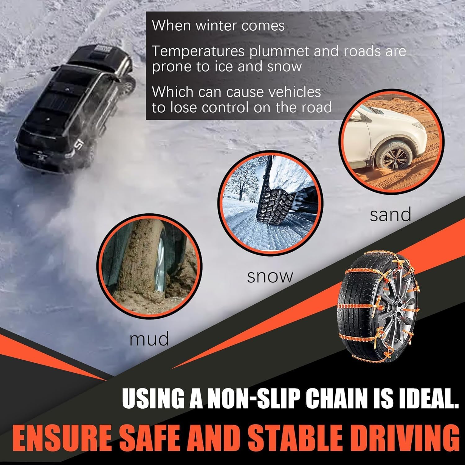 Chaînes à neige, chaînes antidérapantes pour pneus, chaînes pour roues pour la neige, nylon, dents multicouches, chaînes d'hiver pour pneus neige, chaussettes pour pneus neige, 145mm-295mm, lot de 10