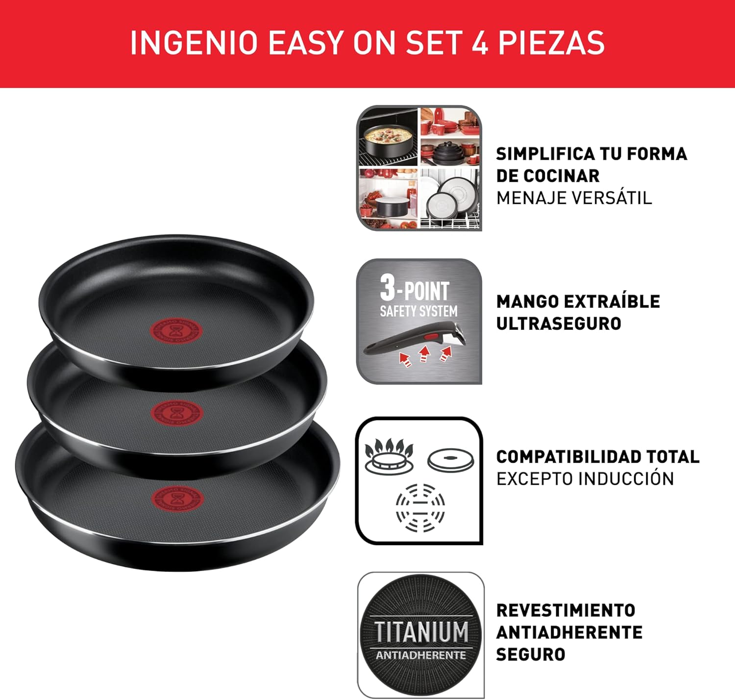 Tefal Ingenio Easy On Lot de 3 poêles de 22/24/26 cm, antiadhésifs, revêtement titane, thermosignal, poignée amovible, passe au lave-vaisselle et au four, ne convient pas à induction.