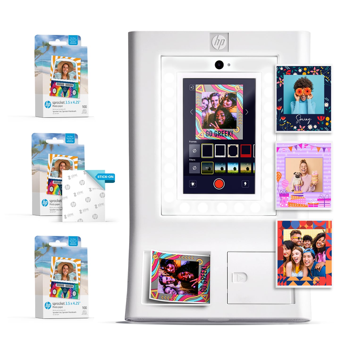 HP Sprocket Photobooth Imprimante instantanée 3x4” (Blanc) – 250+ Cadres, Impression sur Papier Zink, Wi-FI, Anneau LED, écran Tactile & appli.