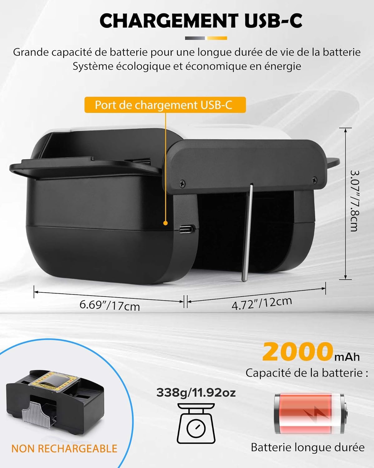 Mélangeur de Cartes Automatique, Mélangeur Électrique pour 1-2 Ponts Mode Auto & Manuel Rechargeable 2000mAh Faible Bruit Idéal pour Poker UNO Blackjack Skip-Bo Phase 10 Texas Hold'em Belote