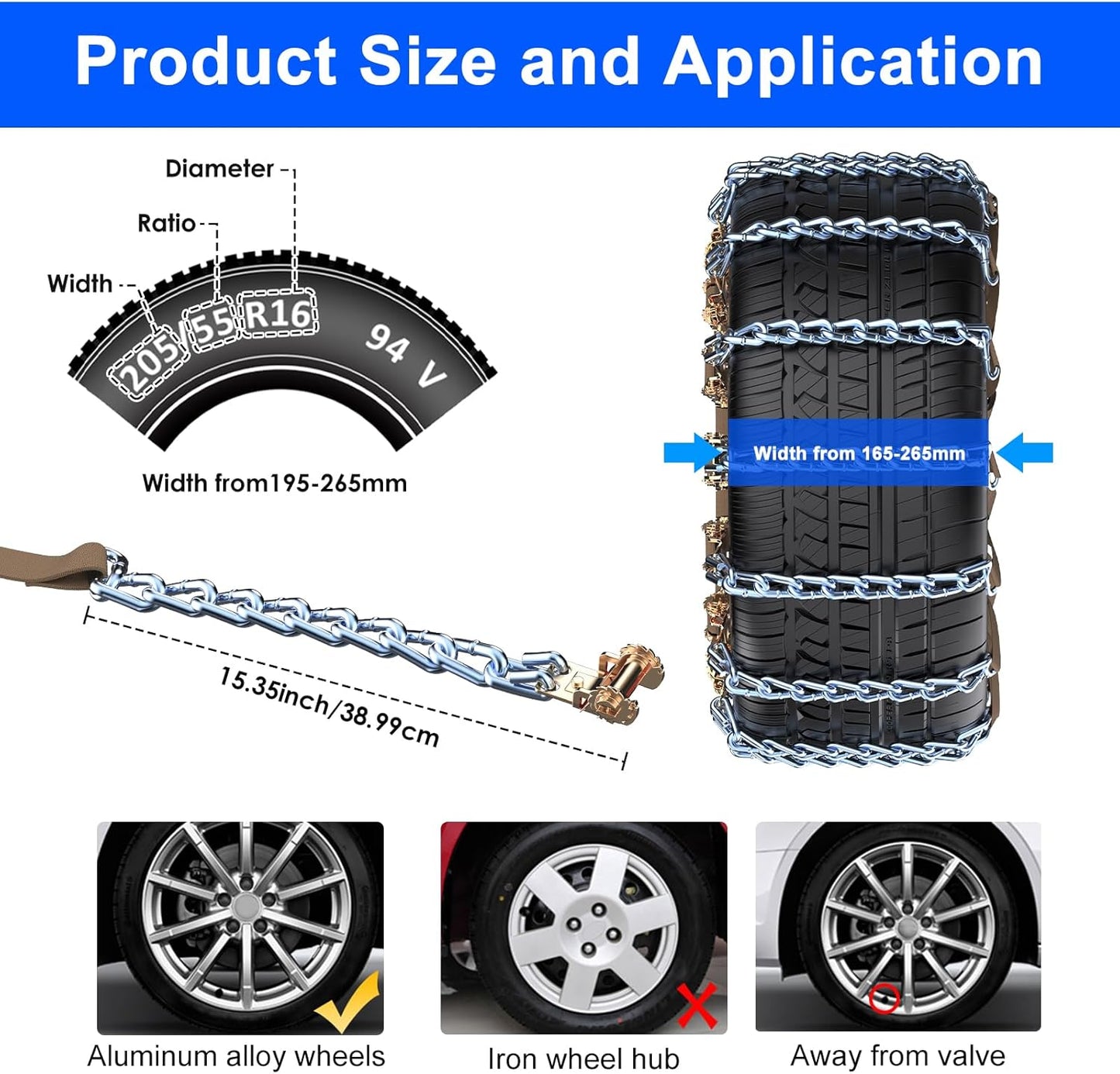 Manganèse Chaine Neige 10 pièces Ninonly pour Pneus 165 à 265 mm Chaînes à Neige pour Auto Voiture Camion SUV Chaine Neige Universelle pour Boue, Sable, Neige, Glace, Montée