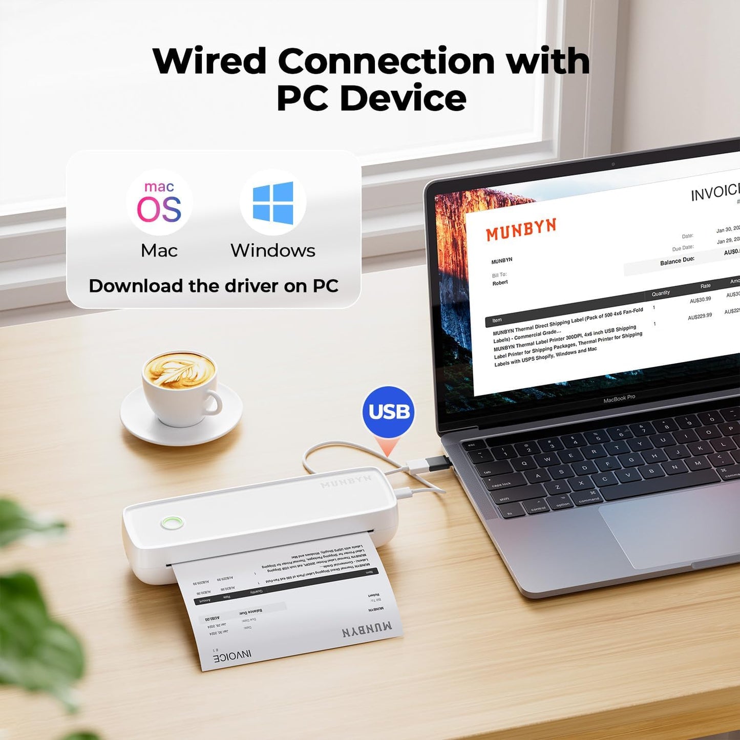 MUNBYN ITP04 Imprimante Thermique A4, Imprimante Portable sans Encre pour Le Voyage, Bluetooth Compatible avec Les Téléphones et Ordinateurs Portables Android et iOS, Blanc