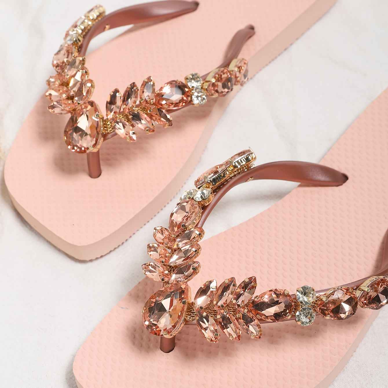 Women's Sparkling Rhinestone Flip-Flops - Slip-On Open-Toe Soft Pink PVC Sandals with Non-Slip Rubber Sole for Beach, Vacation & Casual Wear, Casual Slippers | Chic Flipflops | Glittery Straps, Beach Shoes