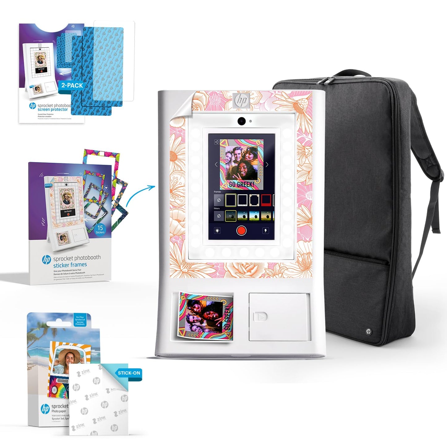 HP Sprocket Photobooth Imprimante instantanée 3x4” (Blanc) – 250+ Cadres, Impression sur Papier Zink, Wi-FI, Anneau LED, écran Tactile & appli.