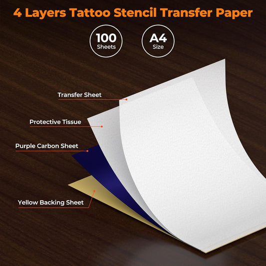 MUNBYN Papier Transfert Tatouage 100 Feuilles, A4 Taille Papier Calque, Stencil Tatouage Transfert DIY Tattοο pour Tatouage Imprimantes Thermiques