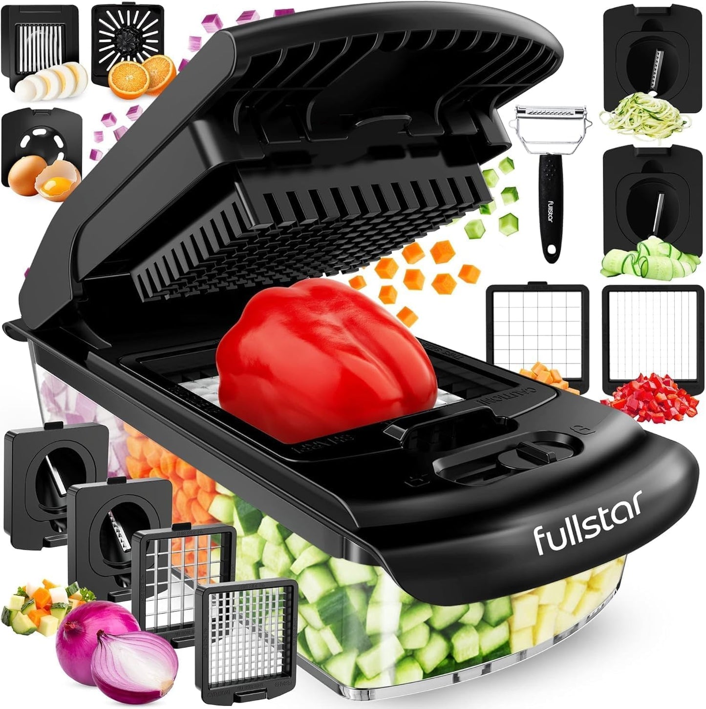 Fullstar Coupe Legumes Multifonction et Spiraliseur - Découpe en Cube - Hachoir Manuel pour Oignons Carottes Concombres Tomates Frites Pommes de Terre Fruits - Cuisine Accessoires (4-en-1 Blanc)