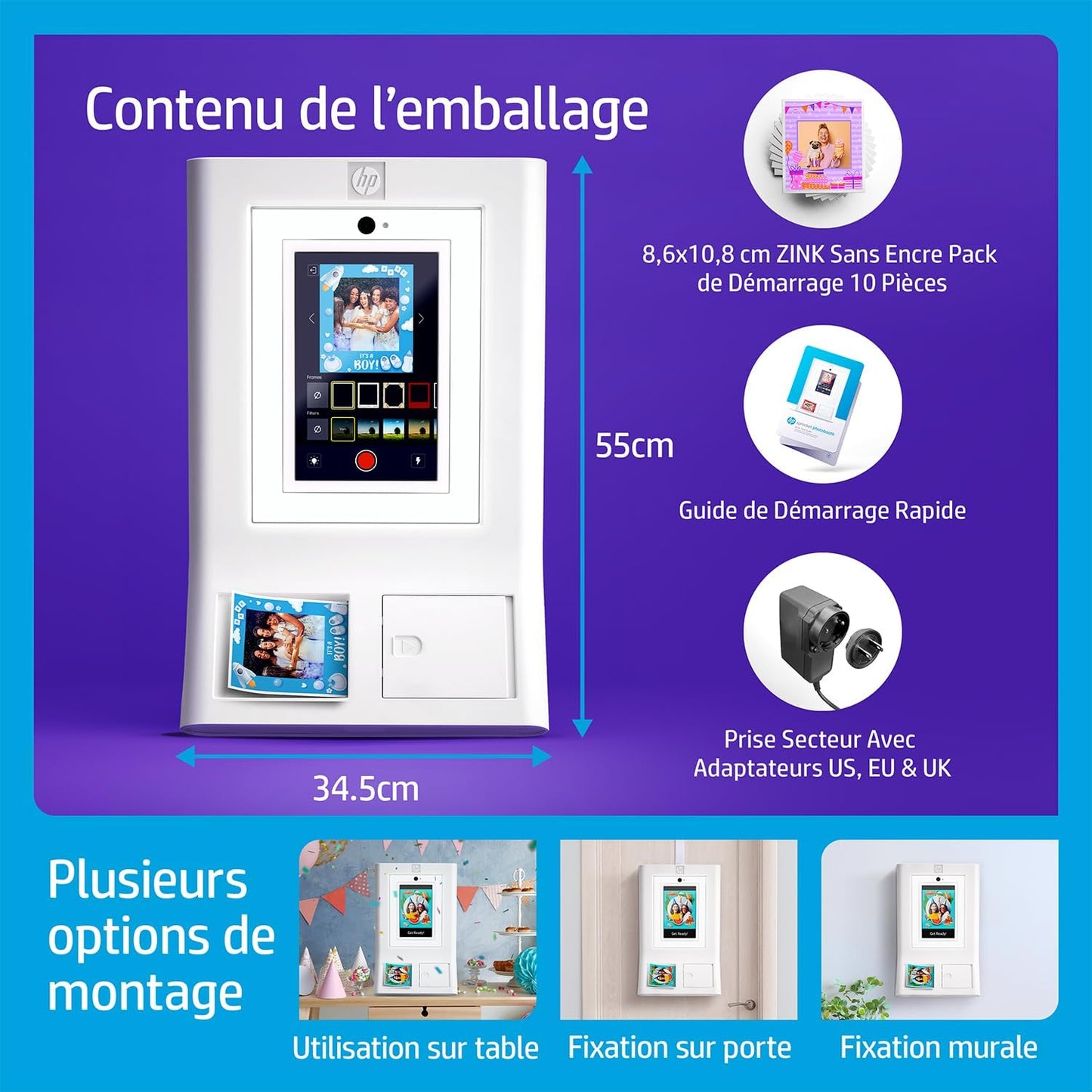 HP Sprocket Photobooth Imprimante instantanée 3x4” (Blanc) – 250+ Cadres, Impression sur Papier Zink, Wi-FI, Anneau LED, écran Tactile & appli.