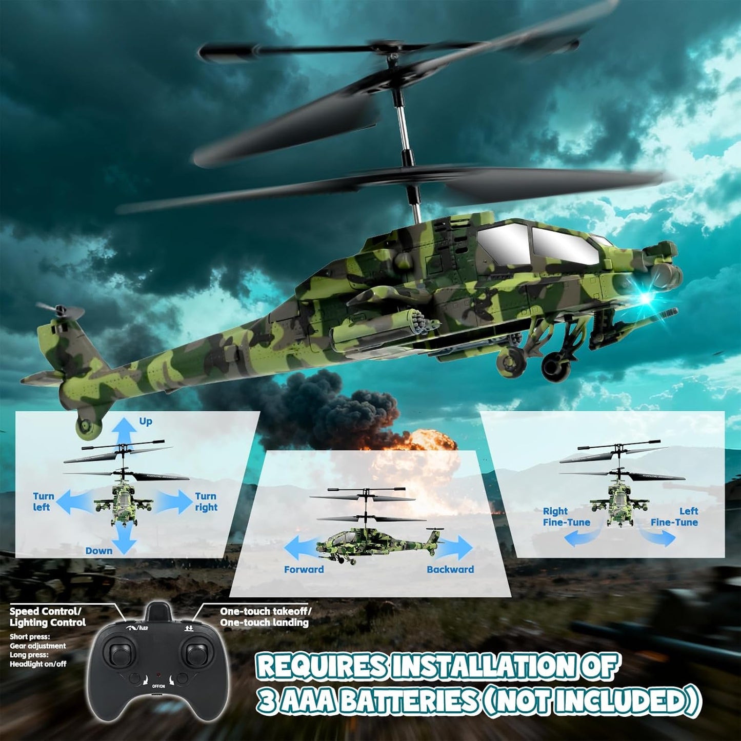 Hélicoptère Télécommandé Enfant, 2,4 GHz Hélicoptère RC Militaire, Avion RC avec 2 Piles et Lumière LED avec Fonction de Décollage à Une Touche, Jouet en intérieur Enfants (Vert Militaire)