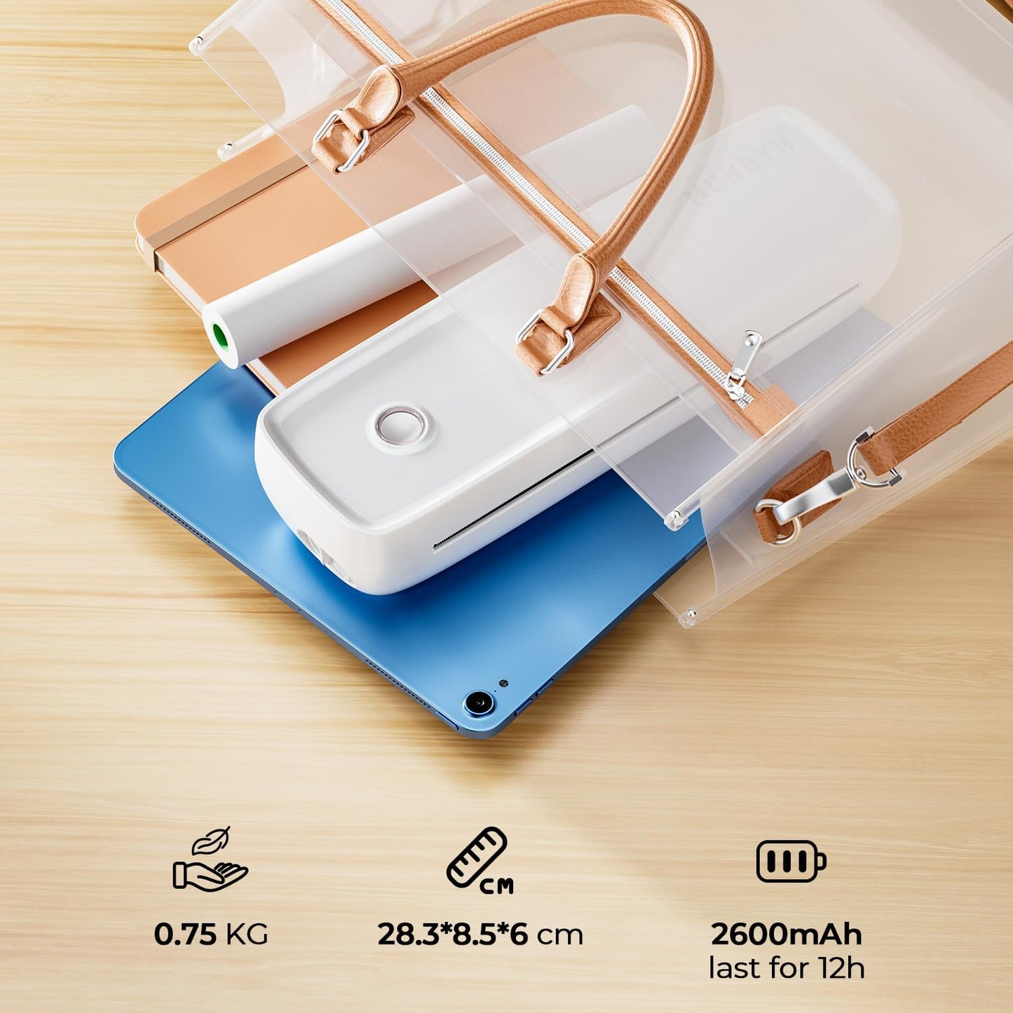 MUNBYN ITP04 Imprimante Thermique A4, Imprimante Portable sans Encre pour Le Voyage, Bluetooth Compatible avec Les Téléphones et Ordinateurs Portables Android et iOS, Blanc