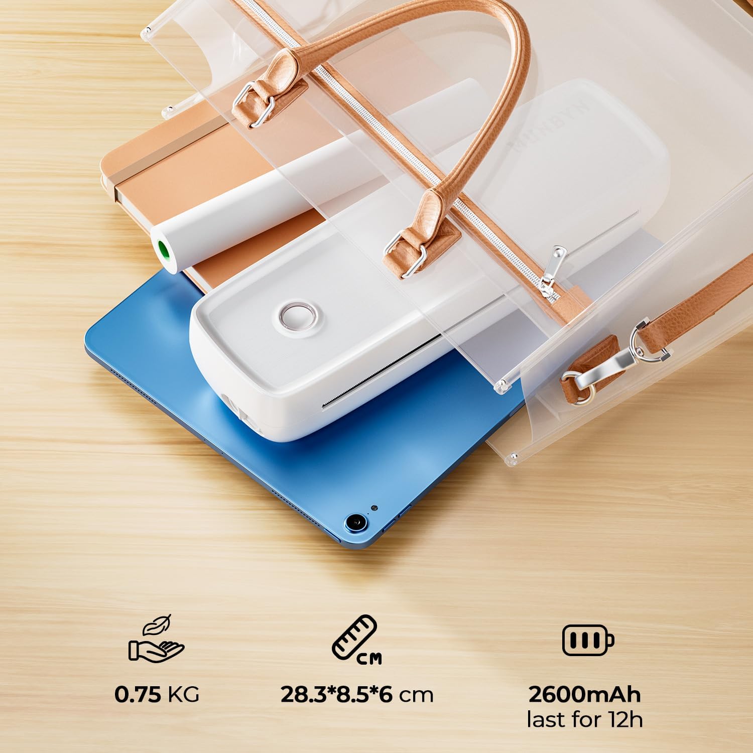 MUNBYN ITP04 Imprimante Thermique A4, Imprimante Portable sans Encre pour Le Voyage, Bluetooth Compatible avec Les Téléphones et Ordinateurs Portables Android et iOS, Blanc