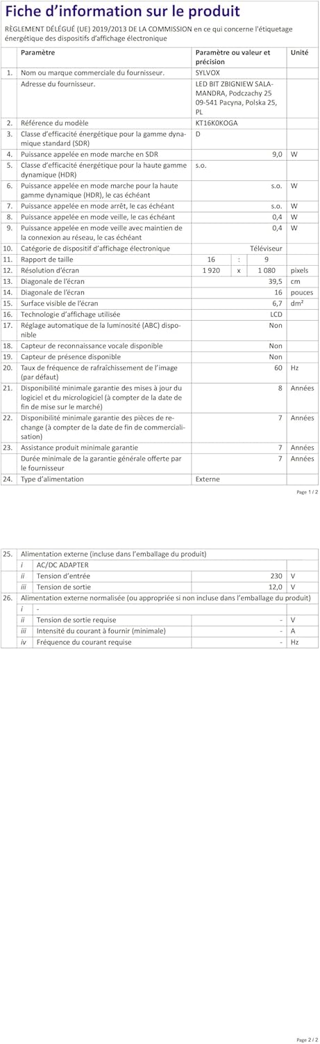 SYLVOX TV Pliable 15,6" (40 cm) - Smart Google TV Full HD 1080P, Écran Pivotant +/-45°, Pliage 90°, WiFi/Bluetooth, DVB-T2/C/S2, DC12V - pour Cuisine, Chambre, Camping-Car (Garantie 2 Ans)