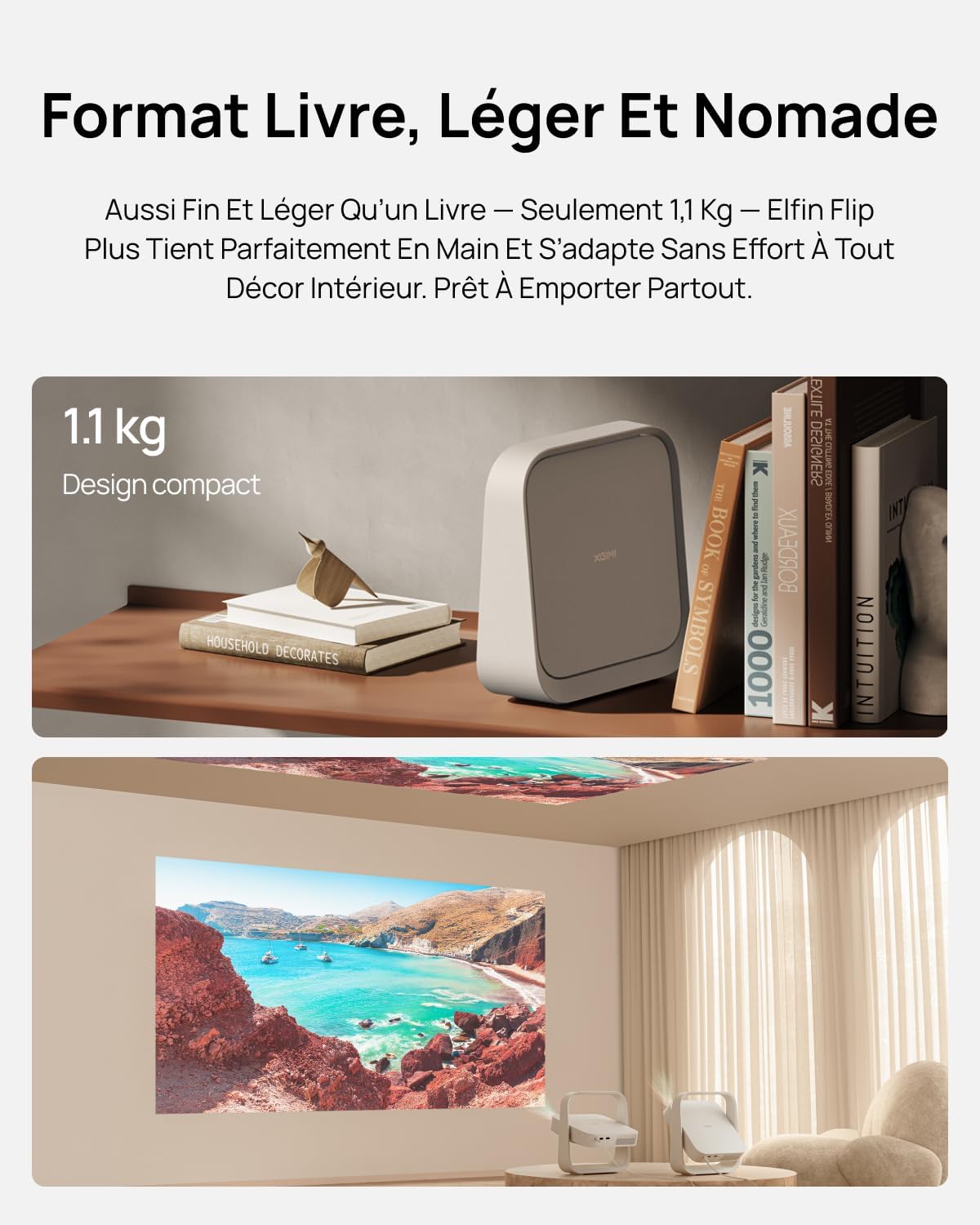 Vidéoprojecteur Portable XGIMI Elfin Flip Plus, 500 Lumens ISO, 1080P, Compatible avec Google TV avec Netflix sous Licence, Rotation à 150°, 2 x Haut-Parleur 3 W intégrés, Wi-FI, Bluetooth