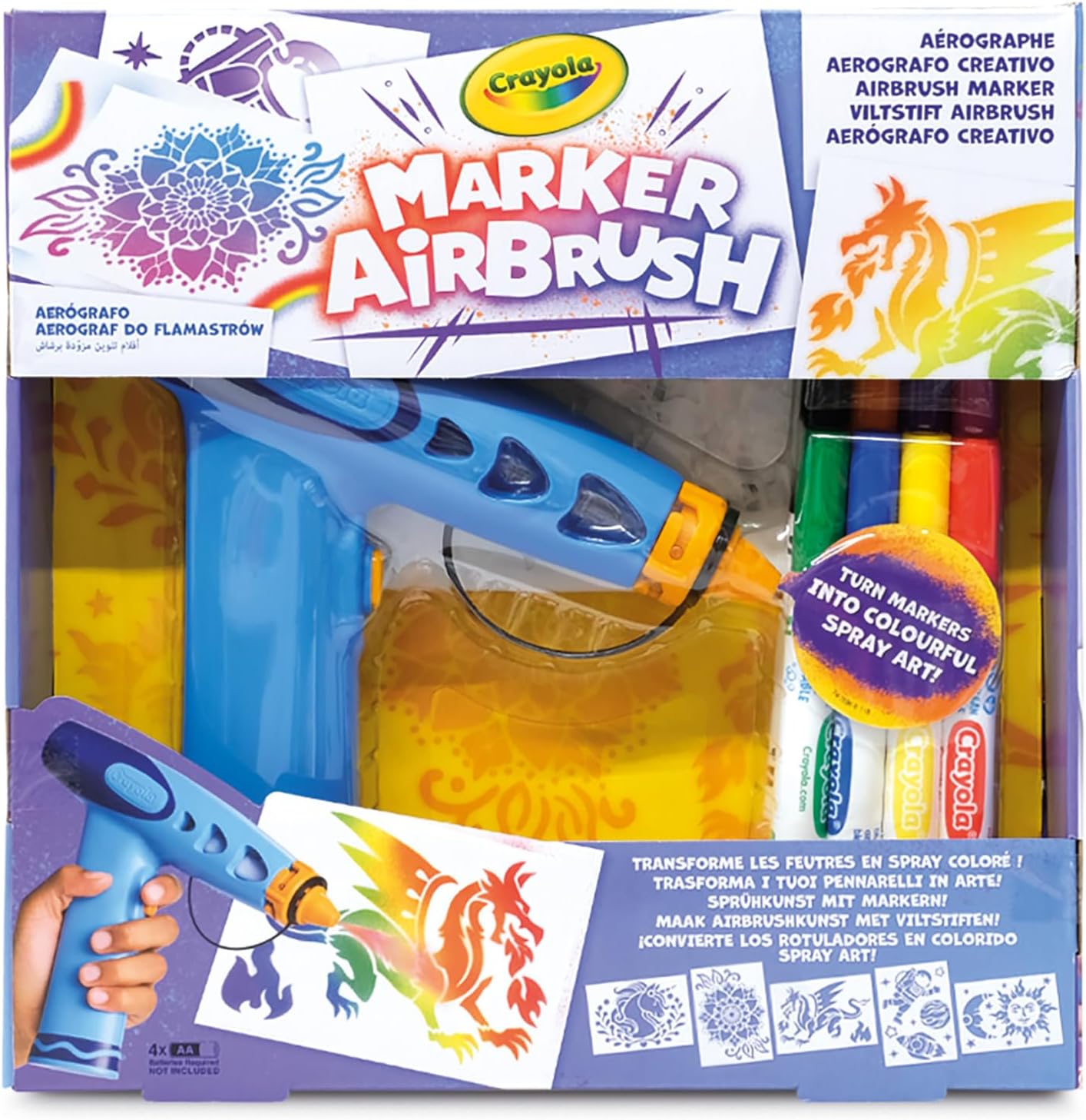 CRAYOLA Marker Airbrush – Aérographe Créatif pour Enfants avec 8 Feutres Lavables et 5 Pochoirs – Jouet Éducatif pour Activités Artistiques, à partir de 6 Ans, 74-7696