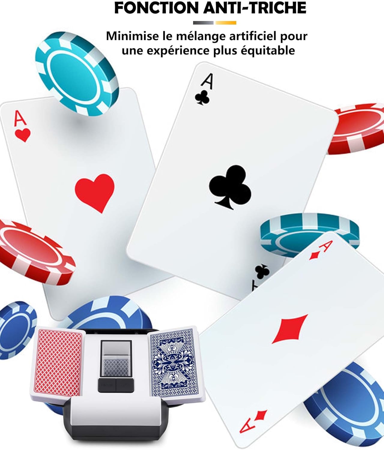 Mélangeur de Cartes Automatique, Mélangeur Électrique pour 1-2 Ponts Mode Auto & Manuel Rechargeable 2000mAh Faible Bruit Idéal pour Poker UNO Blackjack Skip-Bo Phase 10 Texas Hold'em Belote