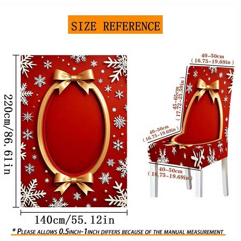 Tablecloth and chair set, 5pcs/7pcs, includes four chair covers and one tablecloth (7pcs) or six chair covers and one tablecloth, high-end design with simple style, Golden round border, snowflake and bow pattern decoration, s