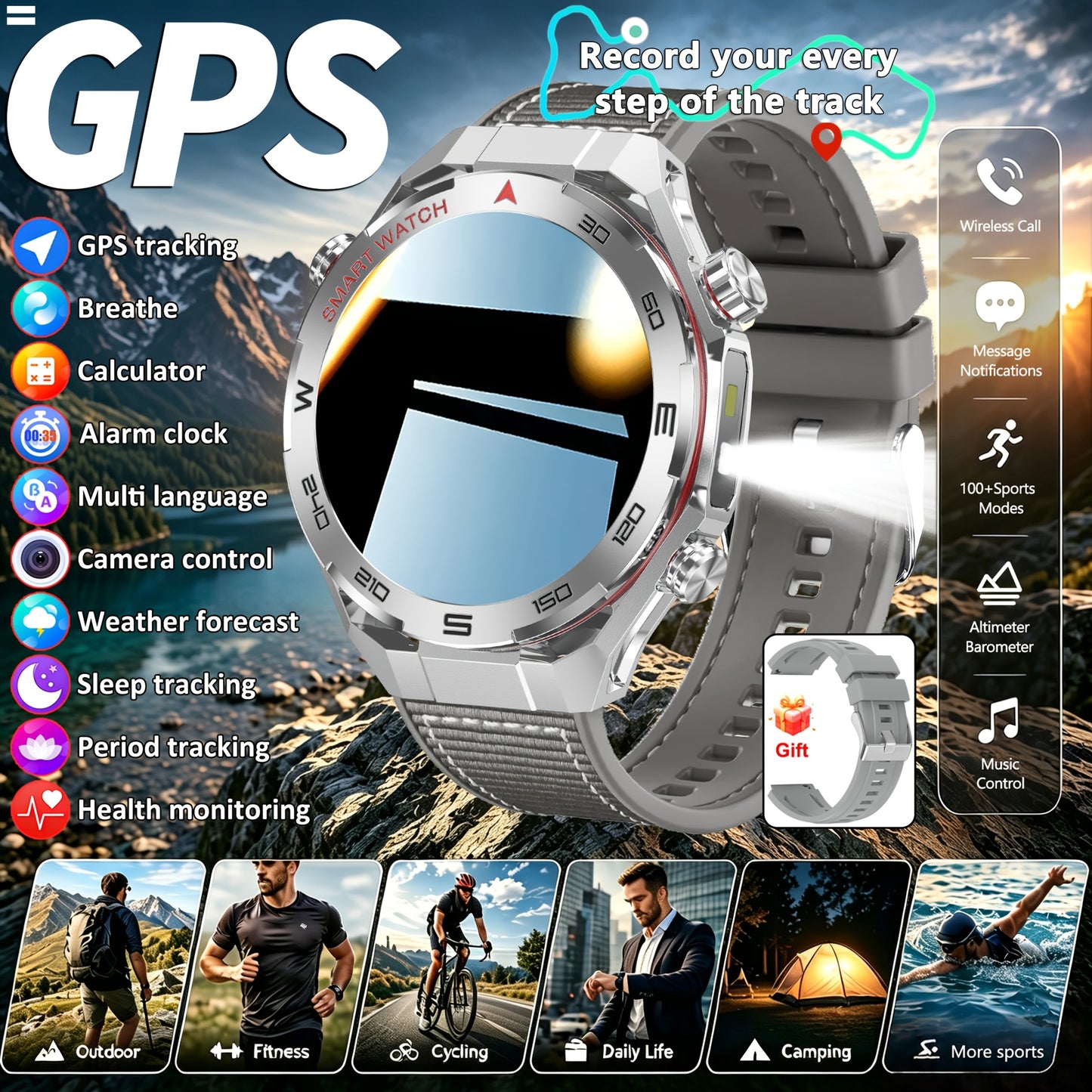 Montre Connectee Sport Homme GPS Integre - Ecran IPS HD 1.5 Pouces, Lampe Torche LED, Altimetre, Bluetooth 5.0