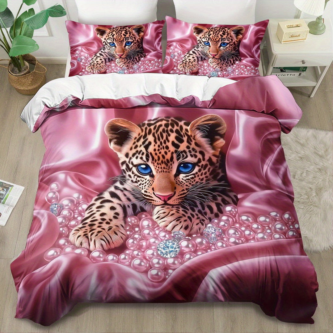 Parure de lit 3 pièces, motif léopard diamant, imprimé rose