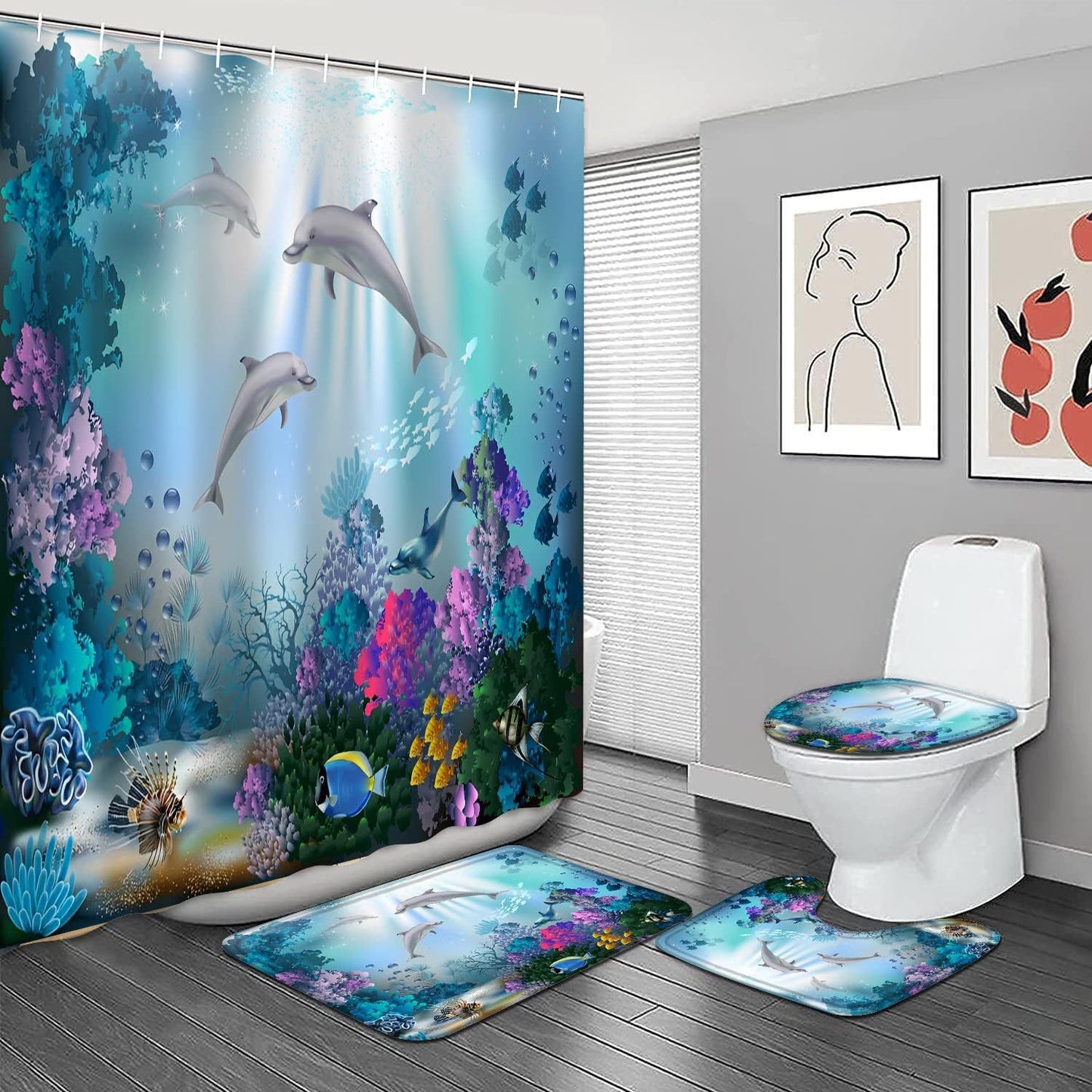 Rideau de douche de salle de bain avec tapis de sol et imprimé