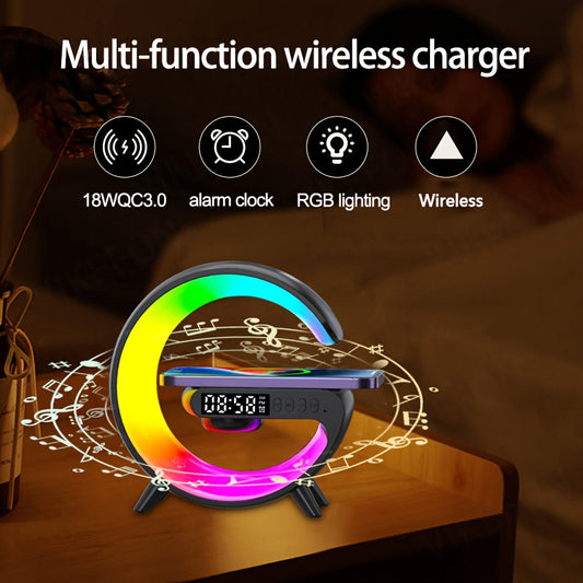 MINI Enceinte sans fil RGB multifonctionnelle, chargeur sans fil, support, radio-réveil FM