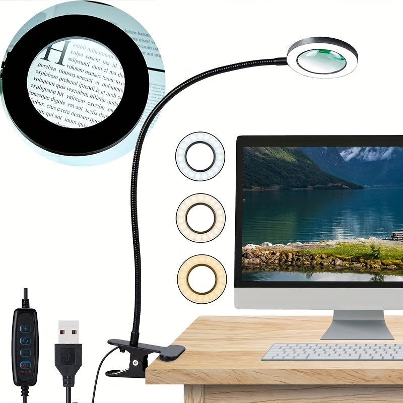 Lampe de bureau LED loupe intégrée (1 pièce), lampe à pince LED, 3 modes d'éclairage