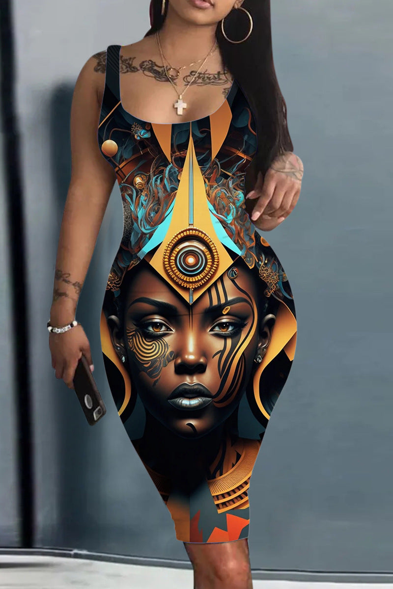 Robe ample à imprimé numérique pour femme, sans manches, col rond, coupe ajustée