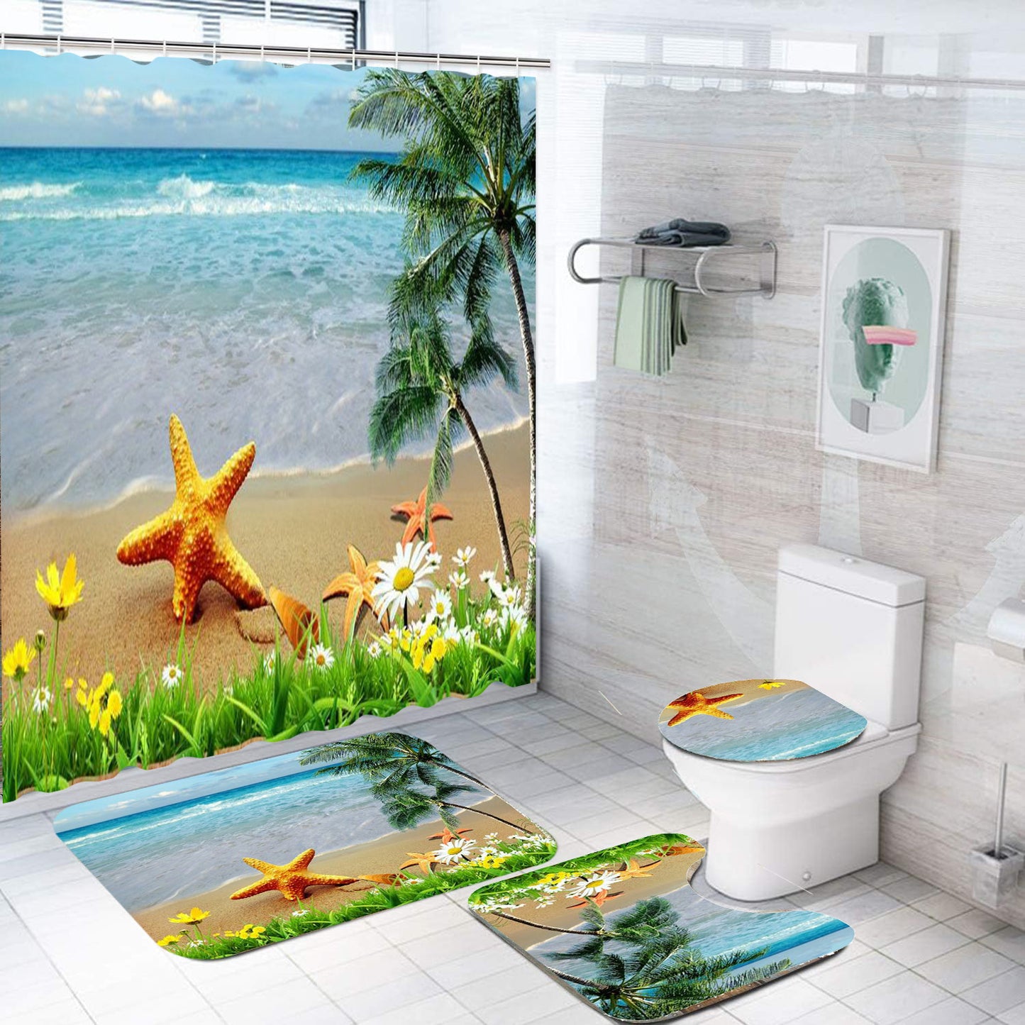 Rideau de douche de salle de bain avec tapis de sol et imprimé