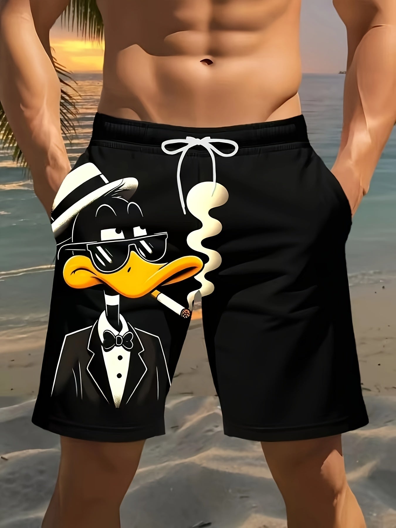 Short de plage homme imprimé canard 3D - Taille ajustable par cordon