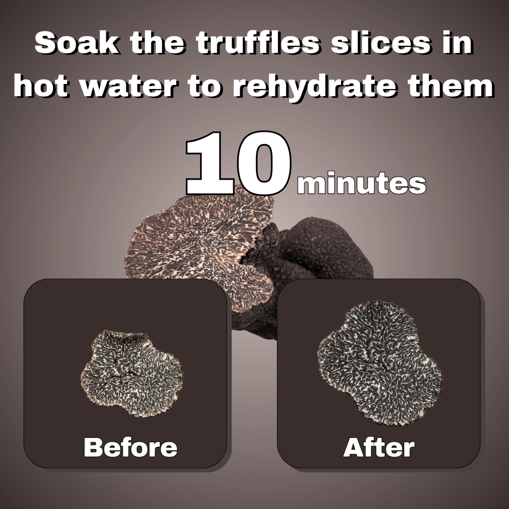 Tranches de Truffes Noires d'Hiver Déshydratées ◈ 50 grammes ◈ Truffe 100% Naturelle ◈ Qualité Premium ◈ Sans additifs ou conservateurs ◈ Séchage à Air Basse Température = Saveurs Préservées & Longue Conservation ◈ Réhydratation Rapide : Moins de 10 Minutes